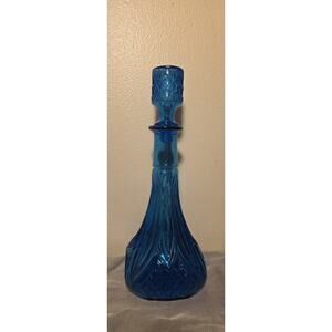 Blue Pressed Glass Decanter Round Starburst Pattern with Stopper Decorative
